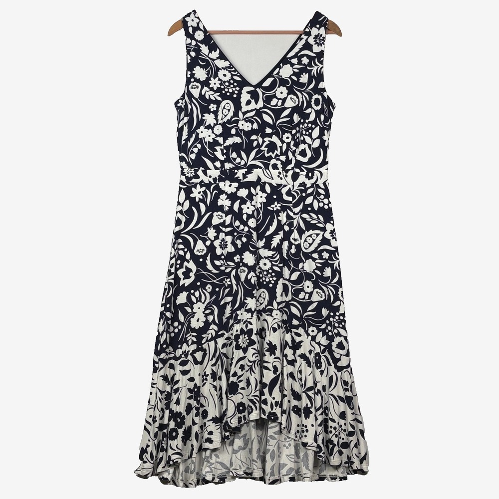 Boden Women Sleeveless Midi Dress Sz 8R Navy/ White floral Hi-low Ruffle Party - Picture 1 of 16